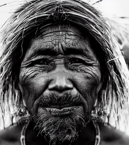 Image similar to Award winning reportage photo of Tuvalu Natives with incredible hair and beautiful hyper-detailed eyes wearing traditional garb by Lee Jeffries, 85mm ND 5, perfect lighting, gelatin silver process