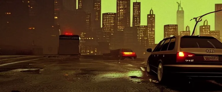 Image similar to Audi A4 B6 Avant (2002), a gritty neo-noir, Max Payne (PC) (2001) winter new york at night, dramatic bright lighting, cinematic, establishing shot, extremely high detail, photorealistic, cinematic lighting, artstation, by simon stalenhag, dark night, bright lights, eldritch horror