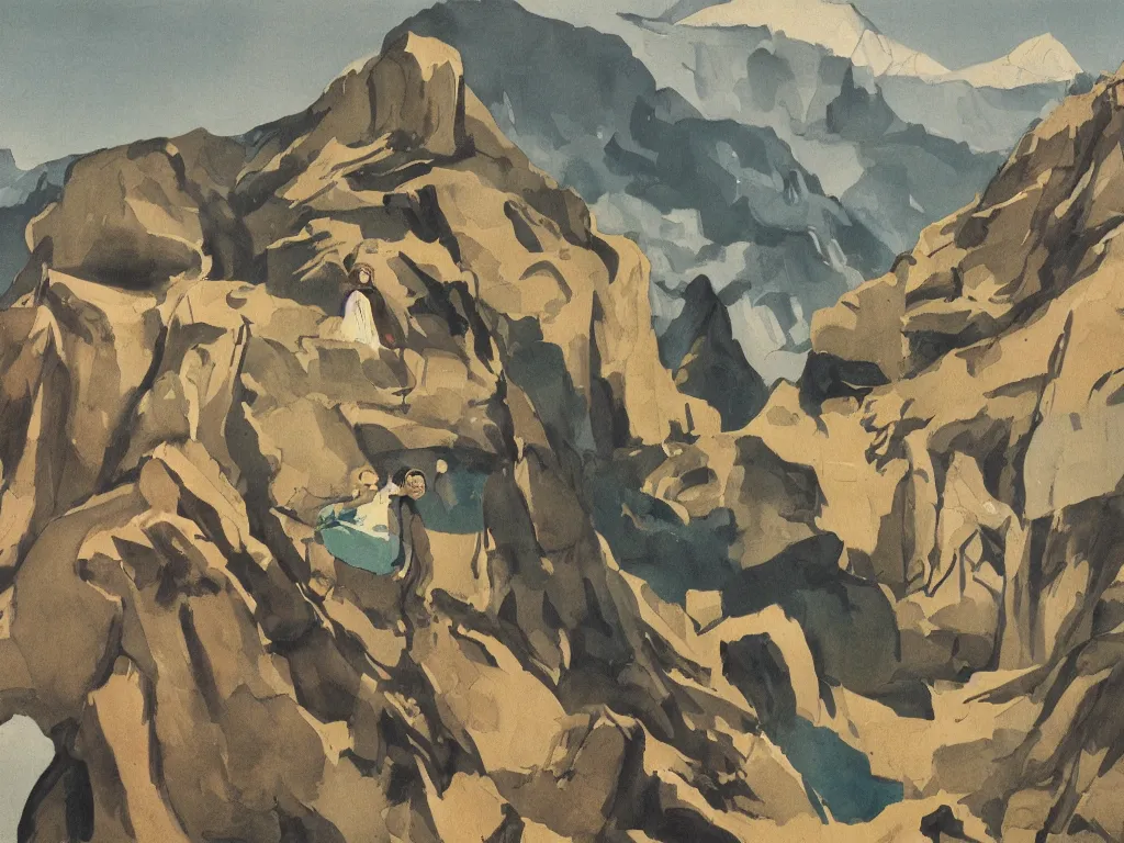 Image similar to scene with figure in the mountains. painting by neo rauch