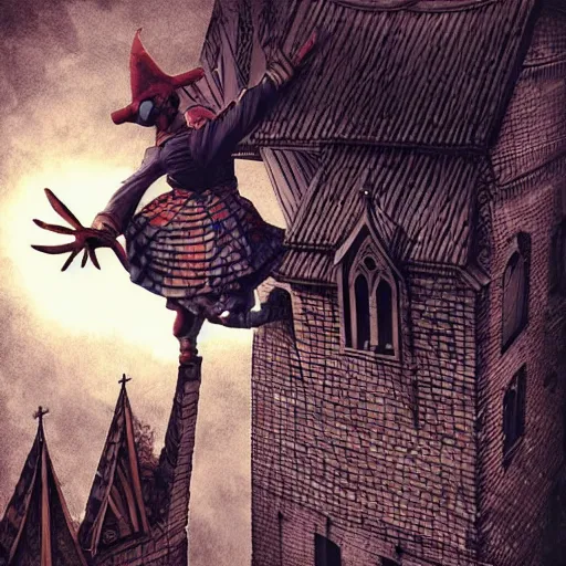 Image similar to a clown on the roof of the church playing with crows, by android jones and m. c. escher collaboration, futurist, digital art, dramatic lighting, symbolic