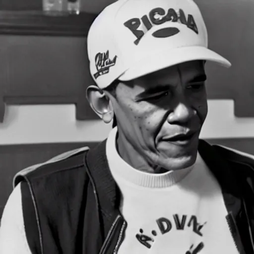 Prompt: riverdale still of obama wearing suspenders, a white varsity sweater with a varsity letter r, and a propeller cap, cap with a propeller on it, 1 9 5 0 s