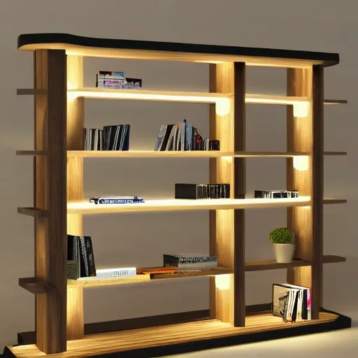 Image similar to wooden bookshelves with led strip lights, homes and gardens, super detailed render,