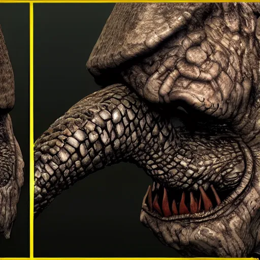 Image similar to elden ring, dark souls, humanoid turtle monster, photorealistic, grimdark, gruesome, full height, front and side view