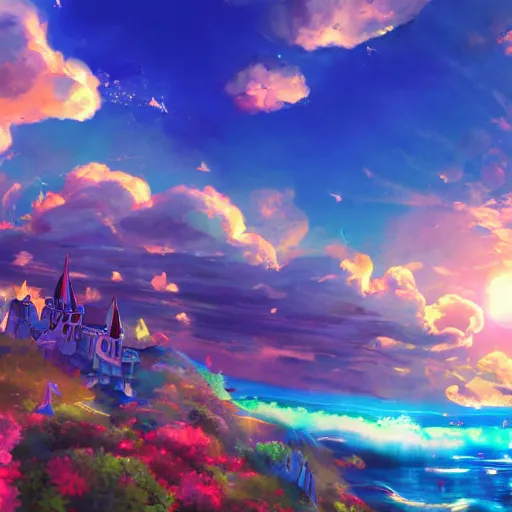 Prompt: photo cartoon illustration comics manga painting of pixiv, the dreamy atlantis is illuminated by the sun, blue skies and lots of clouds, fairy tales, bright colors and high picture, quality, by makoto shinkai, hdr, digital painting, unreal engine, 8 k, volumetric lighting, contrast