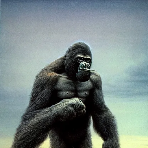 Prompt: King Kong, illustrated by Zdzisław Beksiński, intricate, ultra detailed, trending on artstation, 4k, 8k