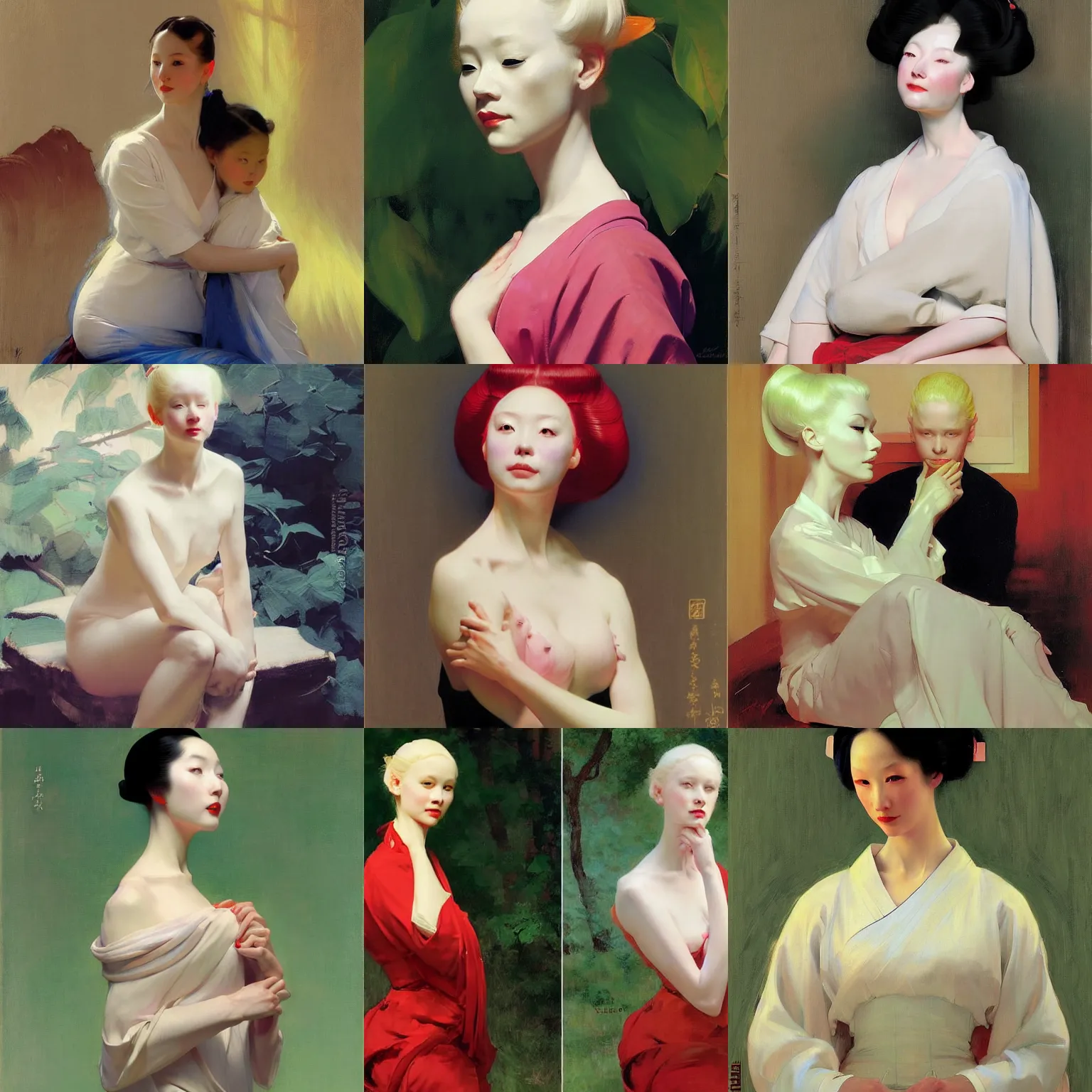 Prompt: yanjun cheng fullbody and portrait of a beautiful albino blonde geisha android by norman rockwell, bouguereau