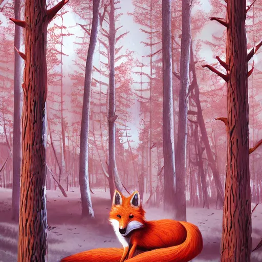 Image similar to a red fox and a ginger teen girl at dark forest where trees are huge, ultra realistic by ori toor and escher