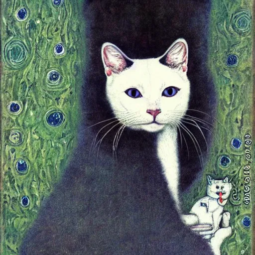 Image similar to portrait of a white cat with a black spot on head and blue eyes, intricate, elegant, highly detailed, smooth, sharp focus, illustration, art by gustav klimt