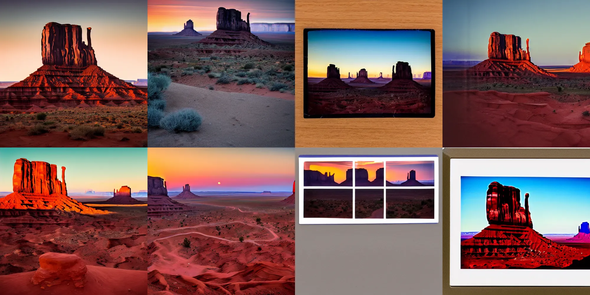 Prompt: polaroid picture of monument valley as the sun is setting, deep focus, highly detailled, 8 k uhd, award - winning photography, moody setting