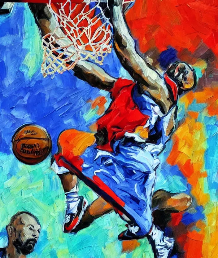 Prompt: ( ( ( expressionist painting of walter white dunking a basketball ) ) ), dynamic perspective, expressionist, colorful, detailed, many layered colores