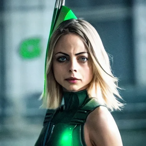 Image similar to film still of willa holland as an attractive female green arrow in the 2 0 1 7 film justice league, bleach blonde hair, focus - on - facial - details!!!!!!!!!!!!, minimal bodycon feminine costume, dramatic cinematic lighting, inspirational tone, suspenseful tone, promotional art