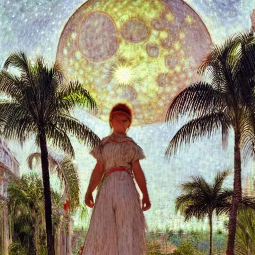 Image similar to a ultradetailed beautiful bitmap of the moon girl on the amazonas palace by jules bastien - lepage, hans belmer, frank weston and gustave baumann, trending on artstation, mediterranean, palm trees, light sparkles, sharp focus, soft light, 8 k 4 k