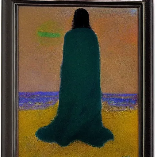 Image similar to glitch girl and very very tall monster wrapped in a blanket looks into the distance on the beach, in the rain, style by odilon redon, atmospheric