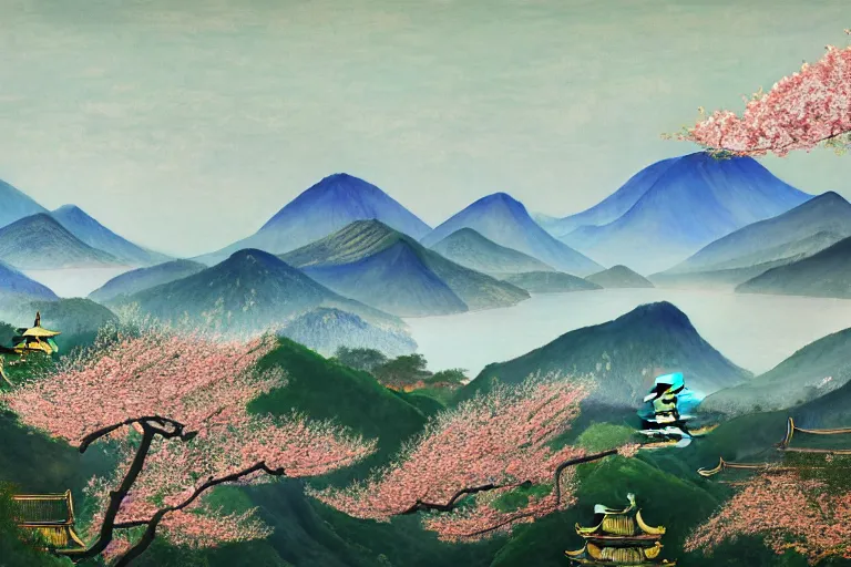 Prompt: an ultradetailed landscape painting of a panorama view of westlake in china, pagodas on hills, osmanthus blossoms nearby, fine wind, highly detailed, artstation, concept art, smooth, sharp focus, illustration, by hilma af klint, 8 k