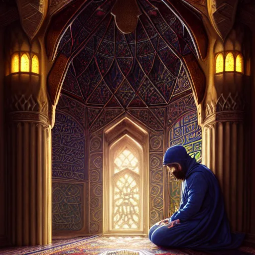 Image similar to lionel messi praying in a mosque, d & d style, fantasy, intricate, elegant, highly detailed, digital painting, artstation, concept art, matte, sharp focus, illustration, art by artgerm and greg rutkowski and alphonse mucha