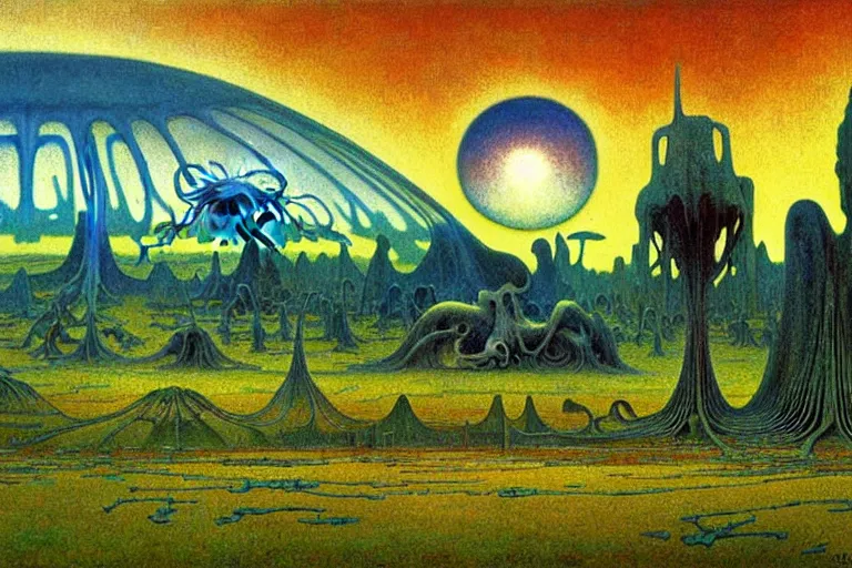 Image similar to realistic detailed landscape painting a single house in a plain field, single ufo in the sky, futuristic sci-fi forest on background by Jean Delville, Amano, Yves Tanguy, Alphonse Mucha, Ernst Haeckel, Edward Robert Hughes, Roger Dean, rich moody colours, blue eyes