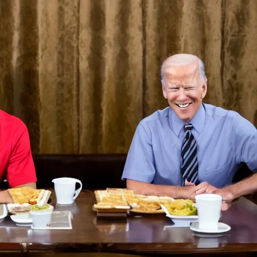 Image similar to photograph of trump and Biden sitting and eating breakfast at a Wafflehouse