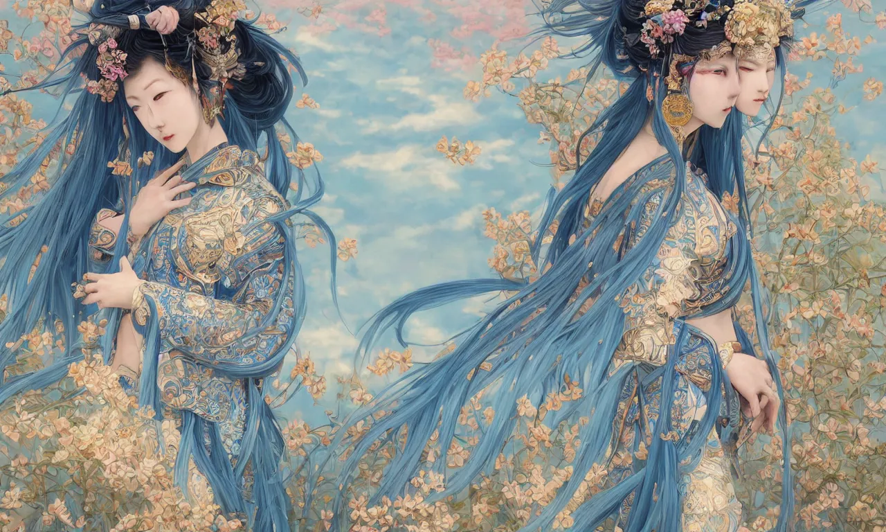 Image similar to breathtaking detailed painting by pilyeon and yuumei art, a full shot samurai queen with long flowing bright blue hair, gauze dress and pastel flowers petals and golden tumultuous clouds, symmetrical facial features, at dawn in front of a pristine golden art nouveau cathedral, elegant, highly detailed, artstation, concept art, matte, sharp focus,