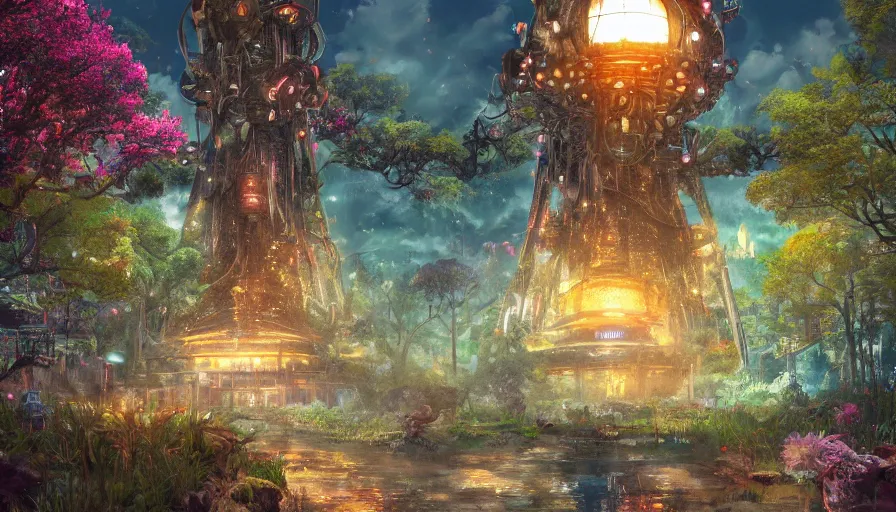 Image similar to ben lo illustration of the largest tree in the world under force field, bioshock concept art, solarpunk, hopeful, colorful, flowers, deity, unreal engine, hyper realism, realistic shading, cinematic composition, realistic render, octane render, detailed textures, photorealistic, wide shot