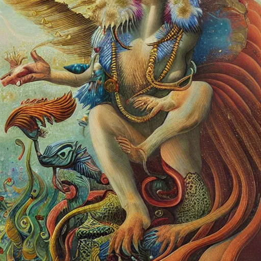 Image similar to strange mythical beasts of whimsy, surreal oil painting by Ronny Khalil , drawn by Ernst Haeckel, as an offering to Zeus