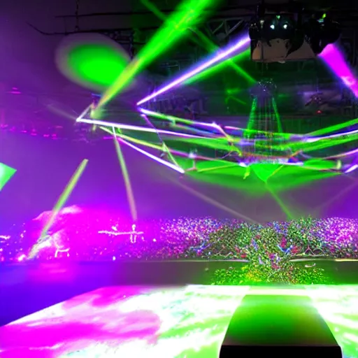 Prompt: a wickedly cool and immersive stage design for a headlining edm artist. music festival, pixel mapping, dmx lights, volumetrics, haze, high energy, night.