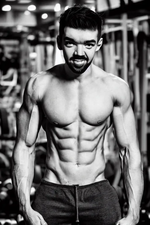 Prompt: 📷 Sean McLoughlin, jacksepticeye, irish youtuber, is a jacked muscle builder gigachad, grayscale photography