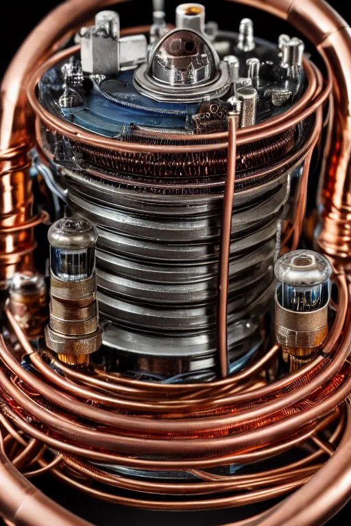 Image similar to A photo of an old opened camera, with vacuum tubes and copper wire coils inside, the most complex looking machine ever made by Annie Lebovitz and Steve McCurry Ultra detailed, hyper realistic, 4k