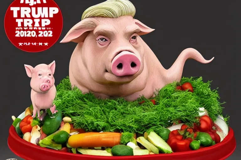 Image similar to a fake pig donald trump on top of vegetables on a table, a bronze sculpture by jeff a. menges, trending on pinterest, hyperrealism, hyper - realistic, hyper realism, playstation 5 screenshot