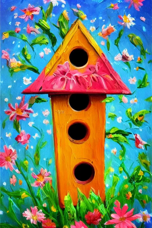 Image similar to a whimsical painting of a whimsical birdhouse with flowers, painted by Lilia Alvarado, trending on artstation,