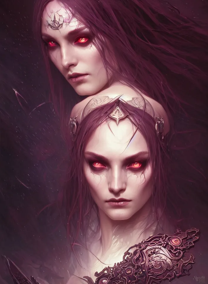 Image similar to Necromancer Sorceress face in center, fantasy magic, undercut hairstyle, dark light night, intricate, elegant, sharp focus, illustration, highly detailed, digital painting, concept art, matte, art by WLOP and Artgerm and Greg Rutkowski and Alphonse Mucha, masterpiece