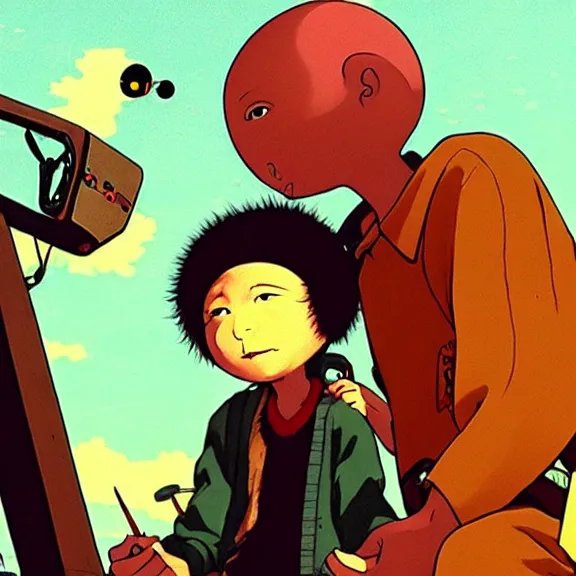 Prompt: bald hacker in tekkonkinkreet