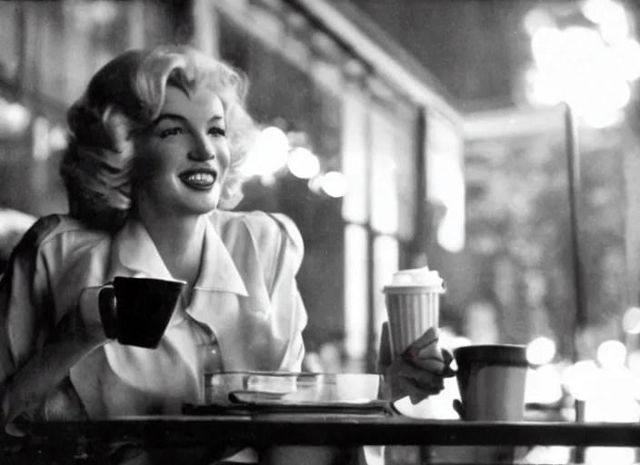 Prompt: A full-shot, color cinema film still of a marlin monroe drinking coffee at a starbucks, ambient lighting at night.