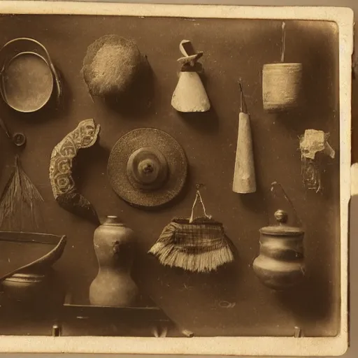 Image similar to Tintype photograph of primitive objects displayed in an ethnographic museum, archive material, anthropology, 1920s studio lighting.