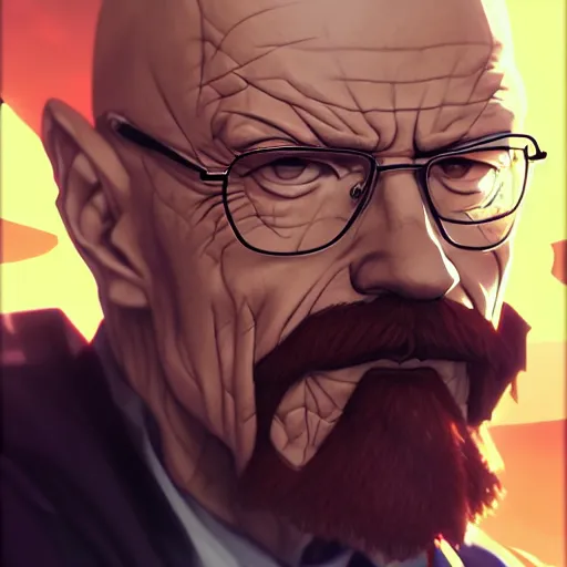 Image similar to anime portrait of walter white as an anime antagonist by Stanley Artgerm Lau, WLOP, Rossdraws, James Jean, Andrei Riabovitchev, Marc Simonetti, and Sakimichan, trending on artstation