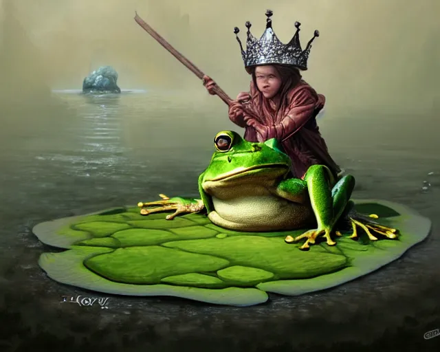 Prompt: the anthropomorphic frog king, wearing a crown, sitting on a throne on a lily pad, fantasy concept art, dnd character art, digital painting, oil painting, hyperrealistic, highly detailed, artstation, cgsociety, by greg rutkowski, by alan lee, by artgerm