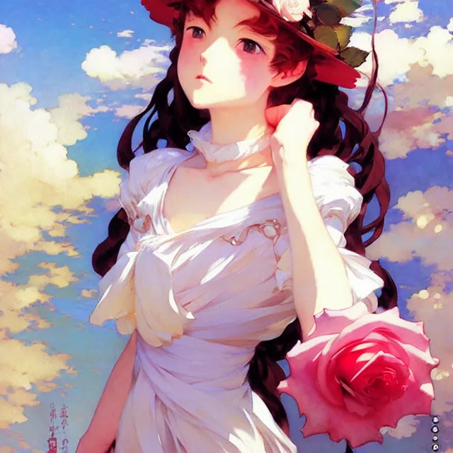 Image similar to beautiful rose anime girl, krenz cushart, mucha, ghibli, by joaquin sorolla rhads leyendecker, by ohara koson