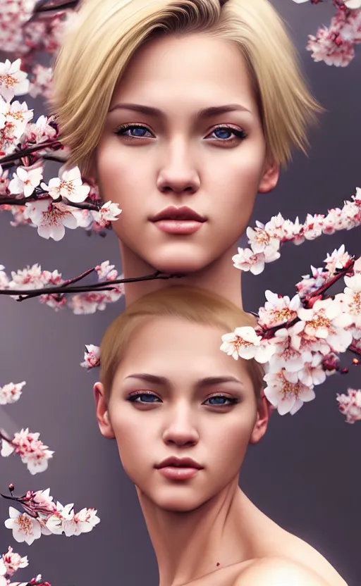 Prompt: photo of a gorgeous female with short blonde hair in the style of stefan kostic, realistic, body shot, sharp focus, 8 k high definition, insanely detailed, intricate, elegant, art by stanley lau and artgerm, cherry blossoms