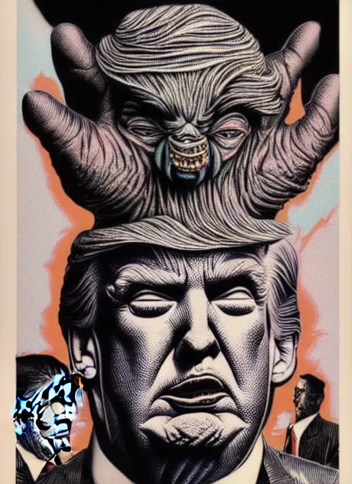 Image similar to risograph of donald trump's grotesque true form revealed, horror, high details, intricate details, by vincent di fate, artgerm julie bell beeple, 1 9 8 0 s, inking, vintage 8 0 s print, screen print