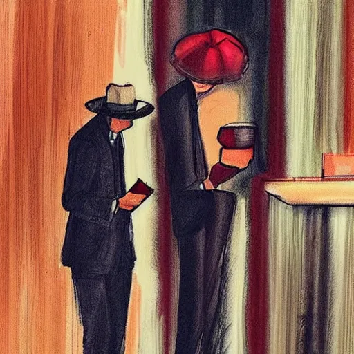 Prompt: so i was thinking of a man wearing a suit and a fedora in the foreground watching over a sad woman inside an open bar having a drink while it's pouring down rain at night
