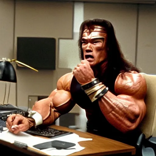 Prompt: arnold schwarzenegger as conan the barbarian sitting at a desk, as an office worker, in an office, inside an office building, sitting at a desk, angrily shouting at a laptop, angry at laptop, laptop computer, computer trouble, technical difficulties, software error, crisp lighting, corporate photography