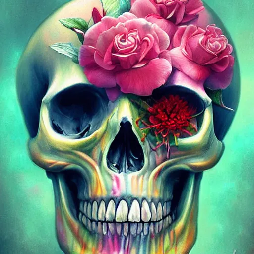 Image similar to colorful skull in flowers, by lise deharme, digital art, detailed masterpiece