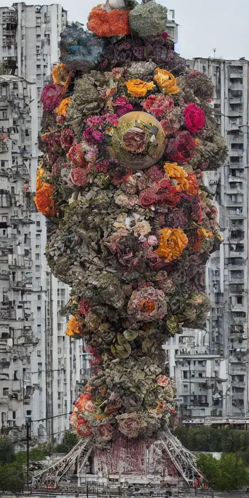 Image similar to giant grotesque flower in the middle of abandoned post soviet constructivist cityscape, ultradetailed by Josan Gonzalez and Giuseppe Arcimboldo