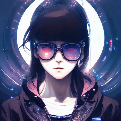 Image similar to by kyoto animation, cool girl wearing cyberpunk intricate streetwear, beautiful, detailed symmetrical close up portrait, intricate complexity, in the style of artgerm and ilya kuvshinov, cell shaded, 4 k, concept art, by wlop, krenz cushart, greg rutkowski, pixiv. cinematic dramatic atmosphere, cinematic lighting, studio quality