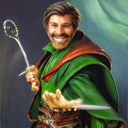 Image similar to beautiful portrait painting of a very short and small male halfing bard with brown hair with some grey hairs, wearing very fancy green cape, full beard, ridiculous smile, from pathfinder, evil smirk, narcissist, self centered, casting fireball, painted by larry elmore, wayne reynolds, greg rutkowski, magic the gathering, dungeons and dragons, dishonored 2