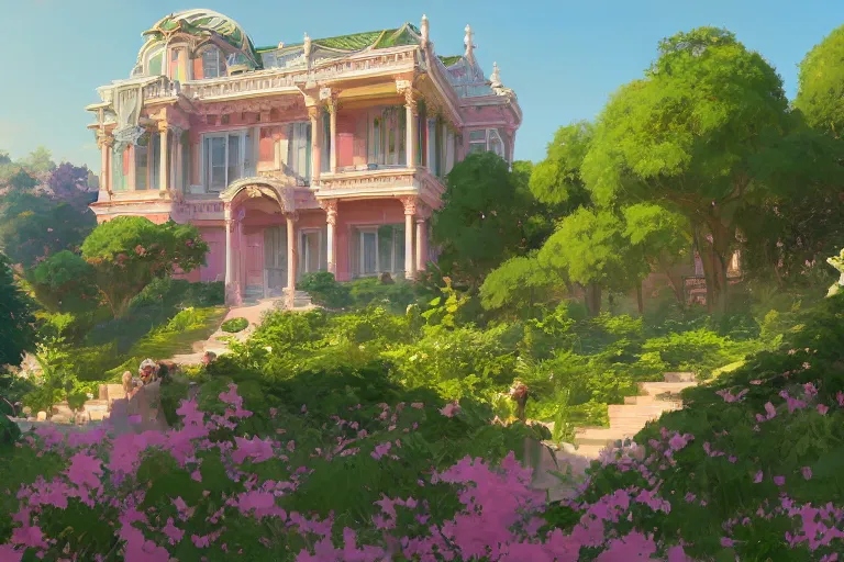 Image similar to green weed grow house, rococo style, greek architecture, pink marble building, marijuana trees, sakura season weed leaves dynamic lighting, landscape, artwork by jeremy lipkin and giuseppe dangelico pino and michael garmash and rob rey and greg manchess and huang guangjian and makoto shinkai, pixiv, 1 0 0 mm