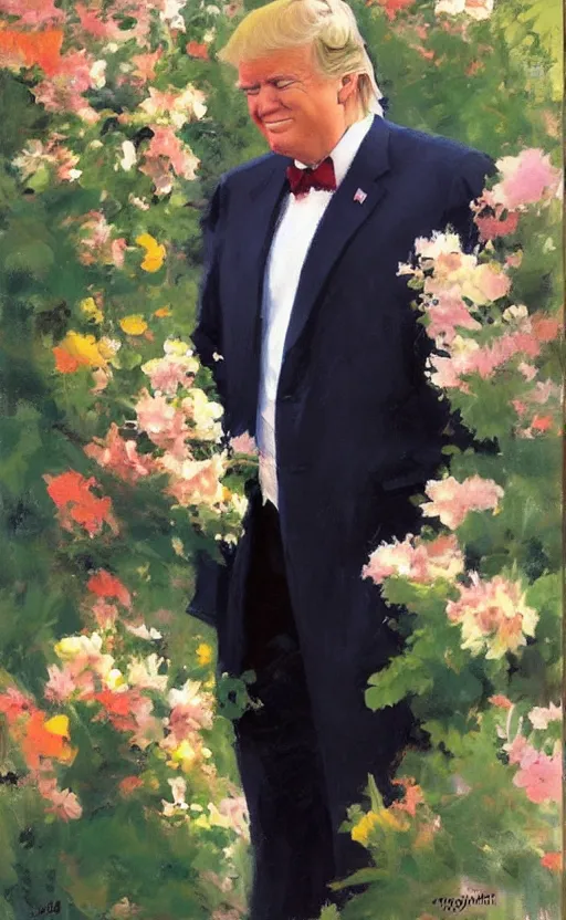 Image similar to romantic portrait of donald trump in an elegant dress surrounded by beautiful flowers, by gregory manchess, james gurney, james jean