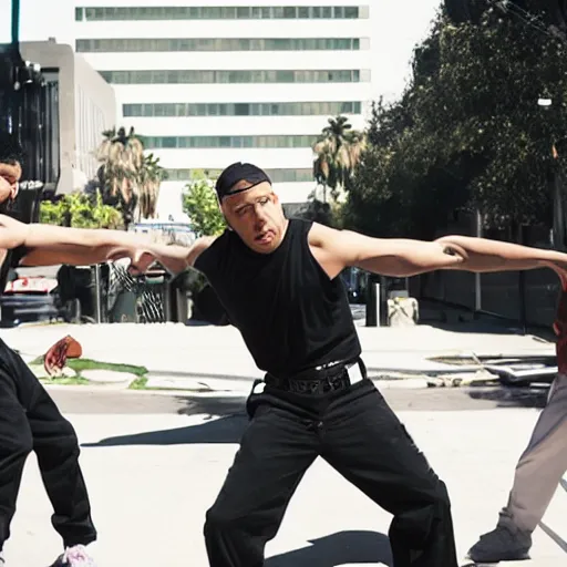 Prompt: Film still of Los Angeles Vice Squad (2012). Thug ninja break dance scene. Sigma 85mm f/8