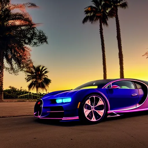 Image similar to synthwave bugatti chiron at sunset