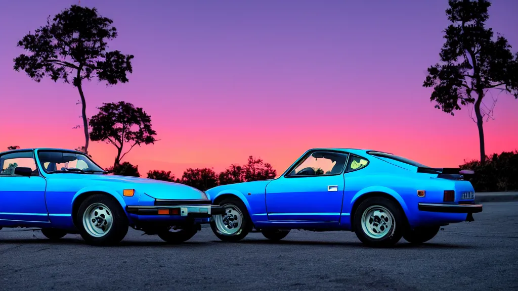 Image similar to neon synthwave 1 9 7 5 datsun 2 6 0 z at sunset, 8 k. filling most of the view