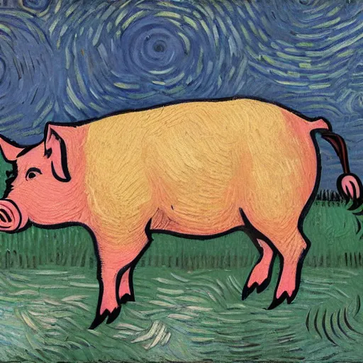 Prompt: a pig painted by van gogh